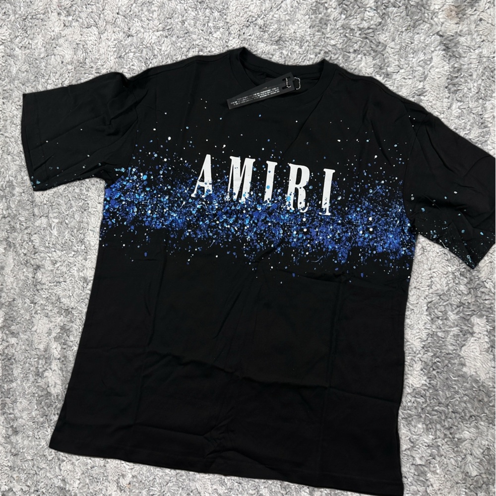 Amiri Short Sleeved Crew Neck Casual Printed Top Black Blue
